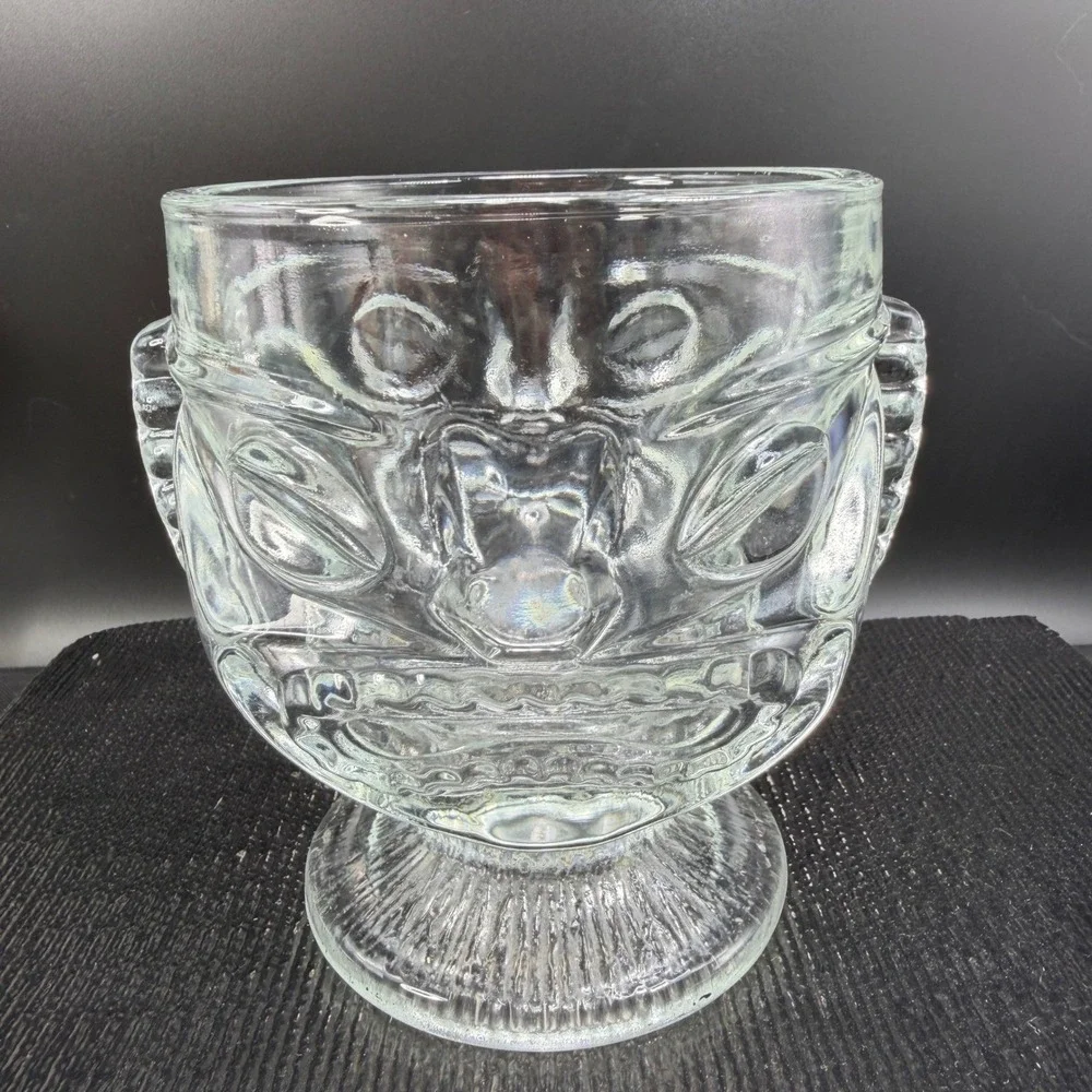 Indiana Glass Two faced Tiki‎ Drinking Glass Clear Embossed Face Single Mug Cup